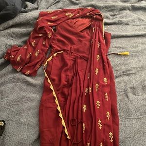 Indya pre-ditched saree in deep red